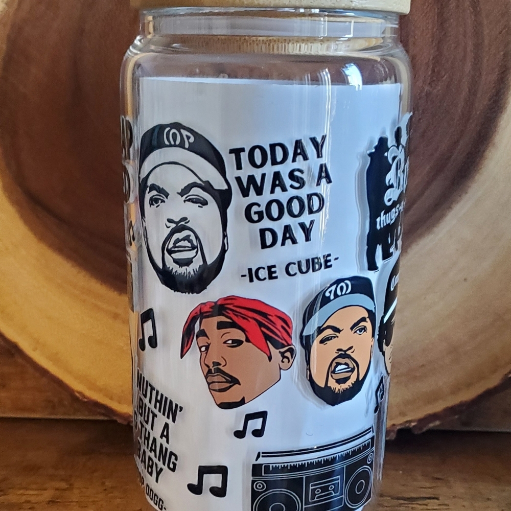 music legends hip hop artists Glass tumbler lid reusable straw 16oz - Picture 3 of 6